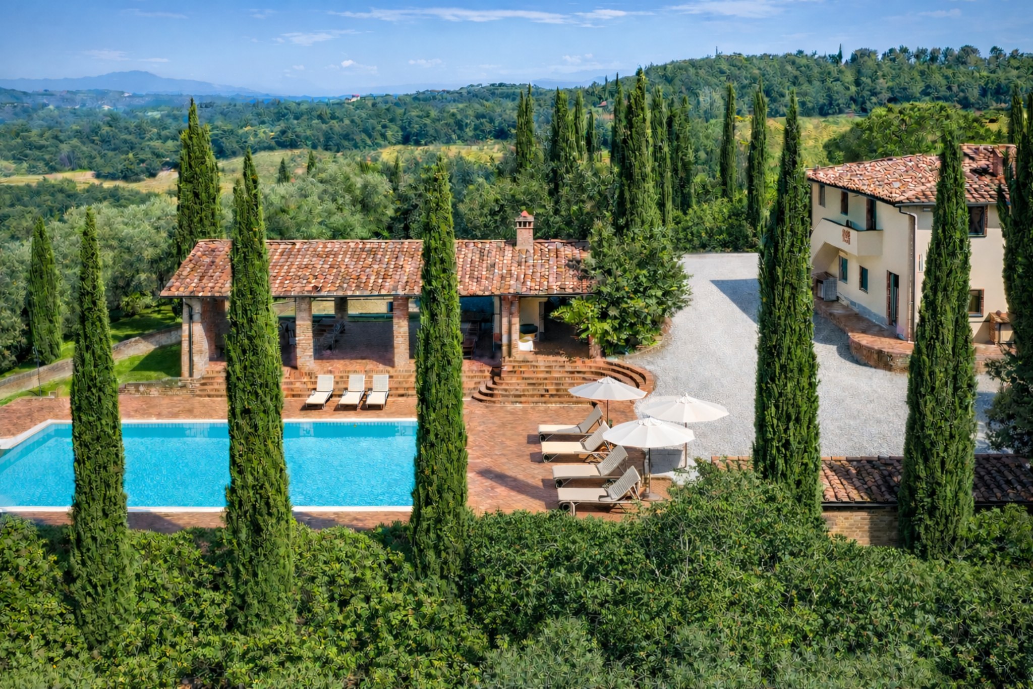 Villa Cerretello aerial pool and estate view